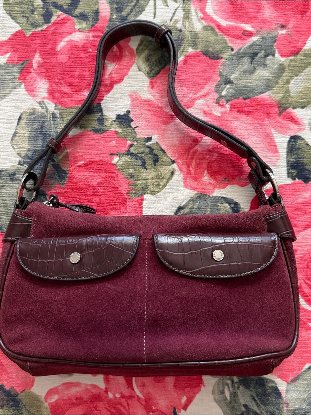 Vintage Women's Burgundy Suede Shoulder Bag with Leather Croc-Embossed Trim